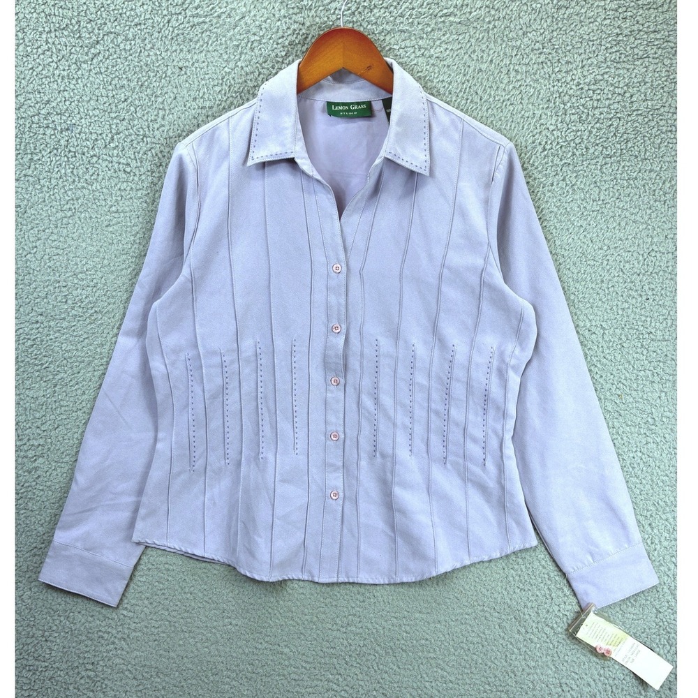Lemon Grass Studio Faux Suede Button Down Shirt Womens L Purple Pintuck Top NWT